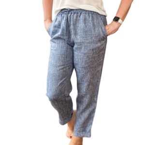 100% linen blue Drawstring Pants cuffed hem & pockets NWT